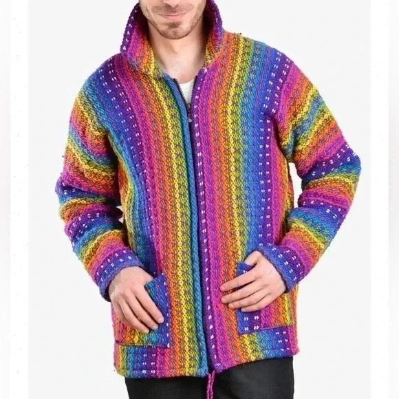 Unisex Ecuadorian 100% Wool Rainbow Cable Knit Full Zip Sweater - Picture 11 of 11